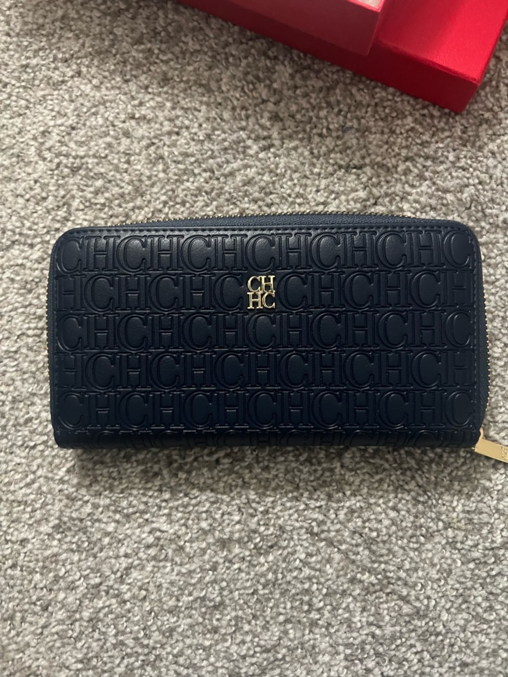 Carolina Herrera Navy Embossed CH Zip Wallet with Gold Logo